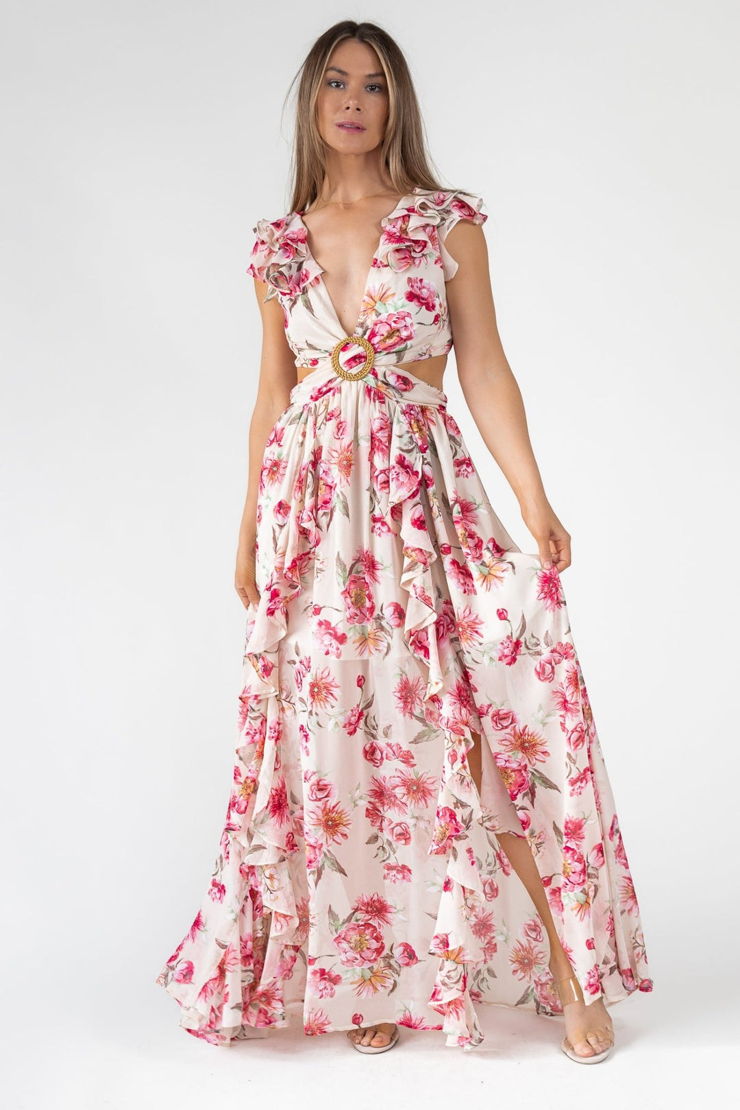 Pink Floral Cutout Frilly Maxi Dress - Final Sale - JO+CO