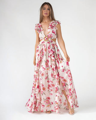 Pink Floral Cutout Frilly Maxi Dress - Final Sale - JO+CO