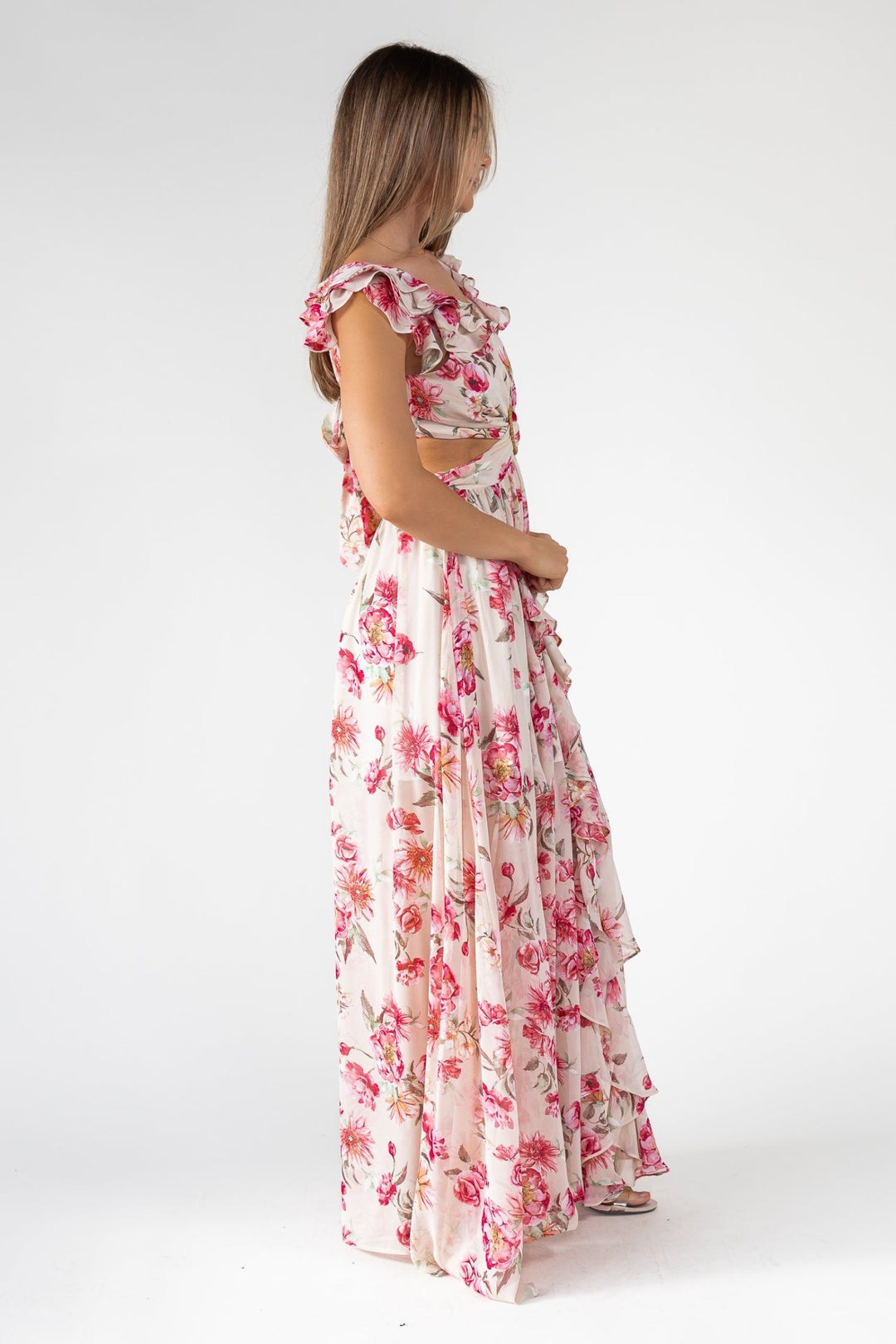 Pink Floral Cutout Frilly Maxi Dress - Final Sale - JO+CO