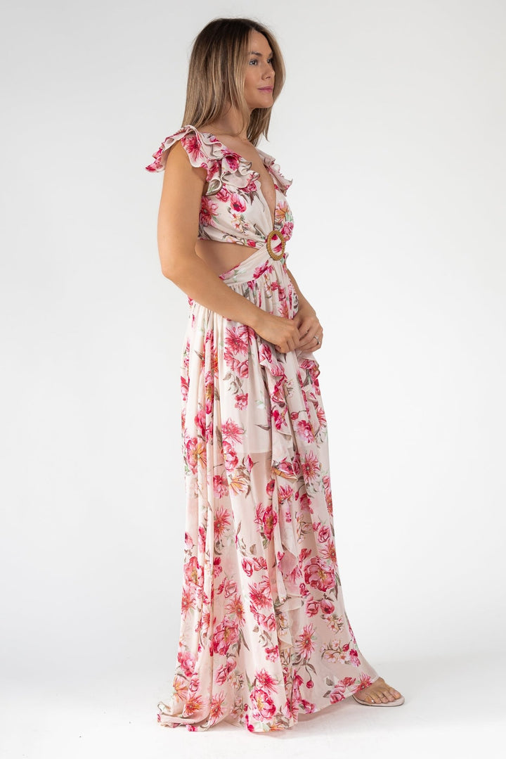 Pink Floral Cutout Frilly Maxi Dress - Final Sale - JO+CO