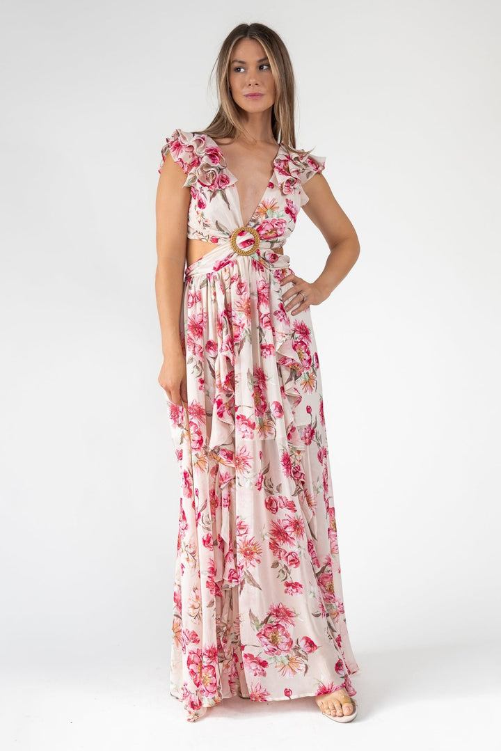 Pink Floral Cutout Frilly Maxi Dress - Final Sale - JO+CO
