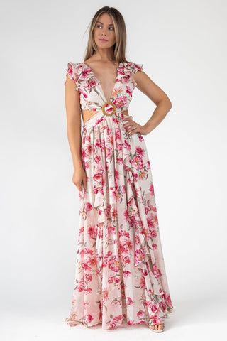 Pink Floral Cutout Frilly Maxi Dress - Final Sale - JO+CO
