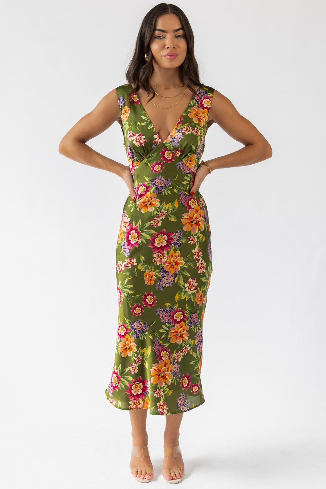 Sage Floral V - Neck Midi Dress - Final Sale - JO+CO