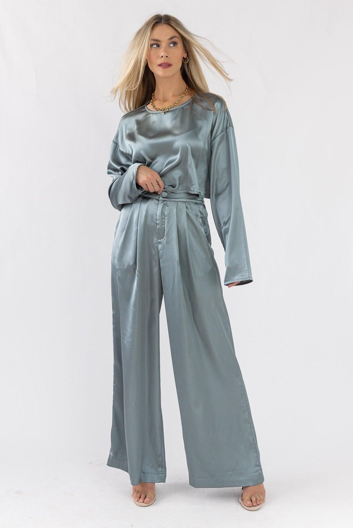 Satin Soiree Crop Top & Pant Set - Dusty Blue - JO+CO