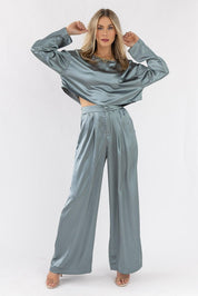 Satin Soiree Crop Top & Pant Set - Dusty Blue - JO+CO