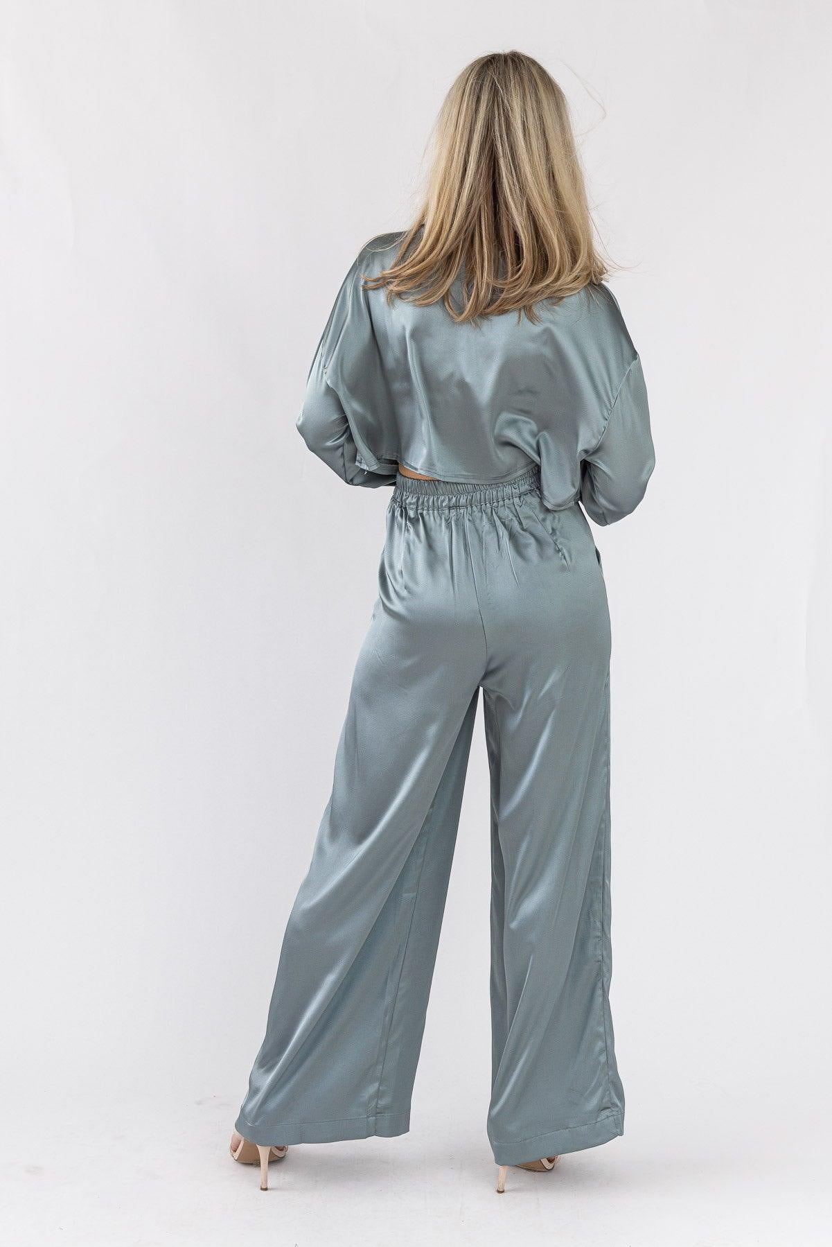 Satin Soiree Crop Top & Pant Set - Dusty Blue - JO+CO