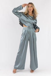 Satin Soiree Crop Top & Pant Set - Dusty Blue - JO+CO