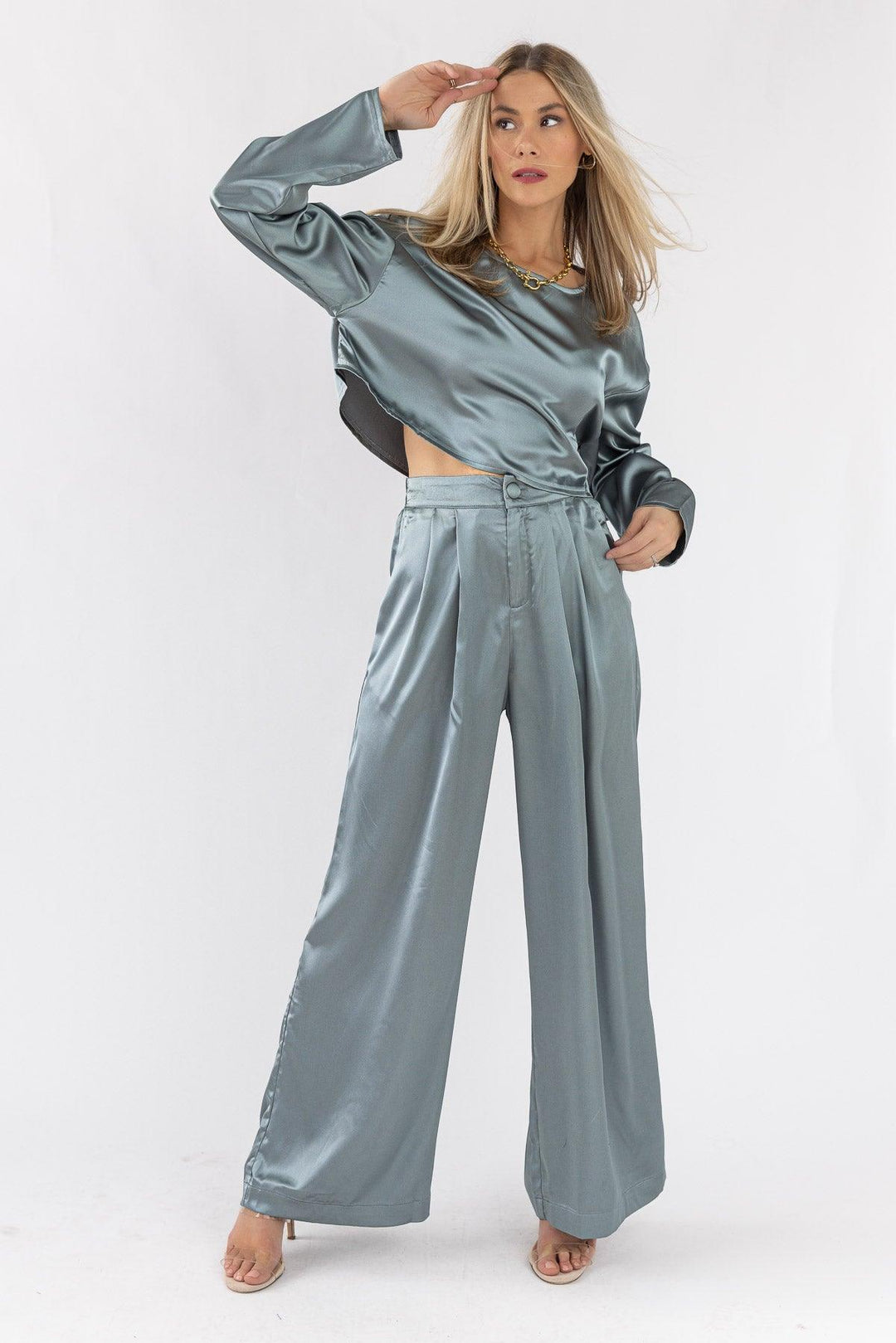 Satin Soiree Crop Top & Pant Set - Dusty Blue - JO+CO