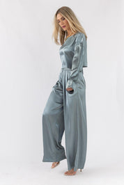 Satin Soiree Crop Top & Pant Set - Dusty Blue - JO+CO