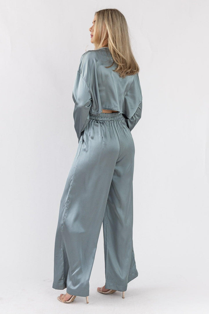 Satin Soiree Crop Top & Pant Set - Dusty Blue - JO+CO