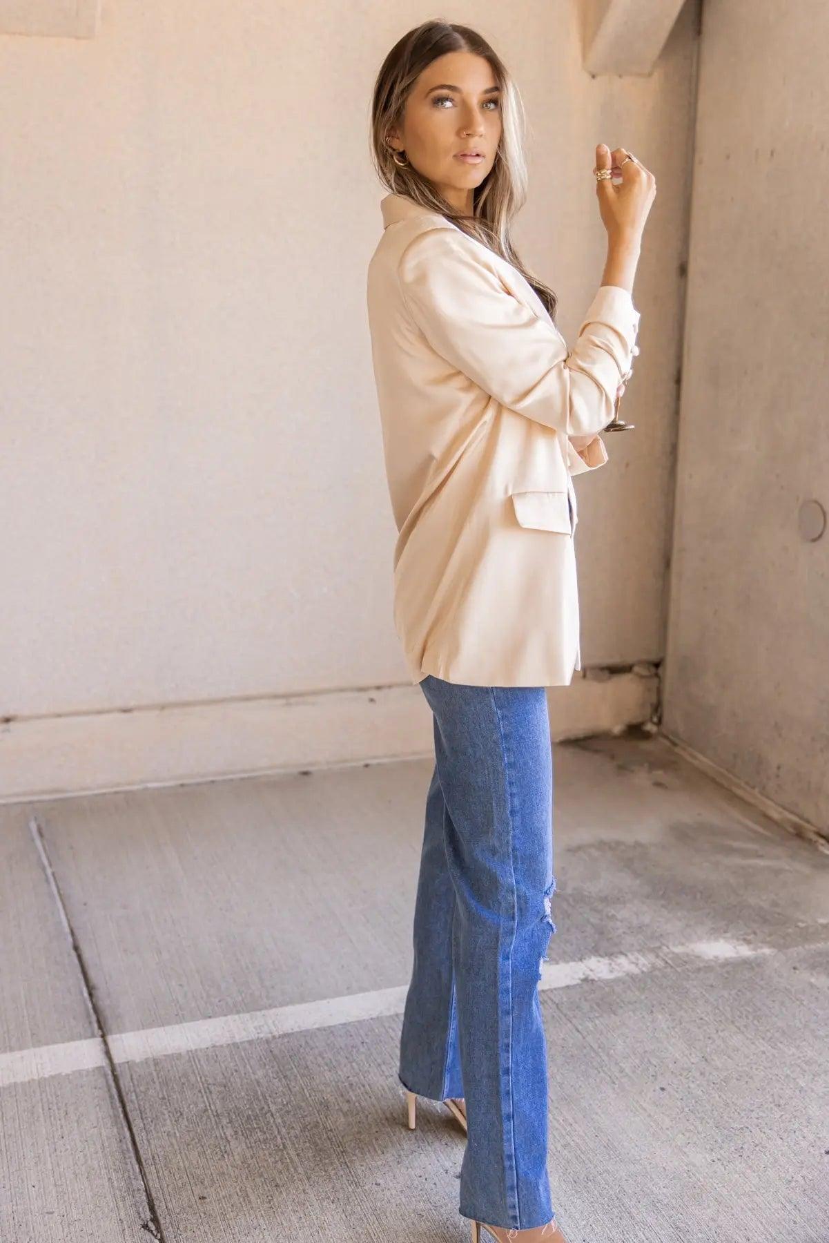 Satin Swagger Light Peach Boyfriend Blazer - FINAL SALE - JO+CO