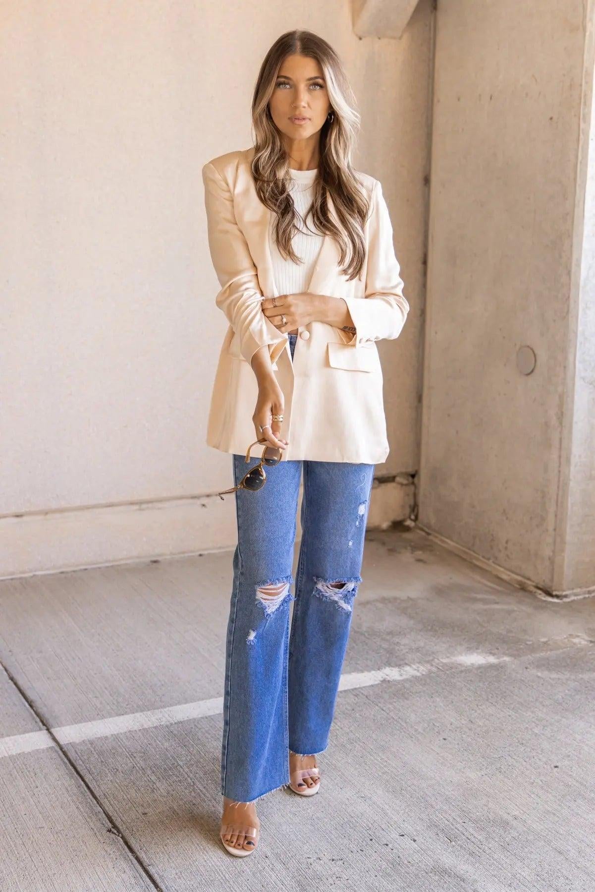 Satin Swagger Light Peach Boyfriend Blazer - FINAL SALE - JO+CO