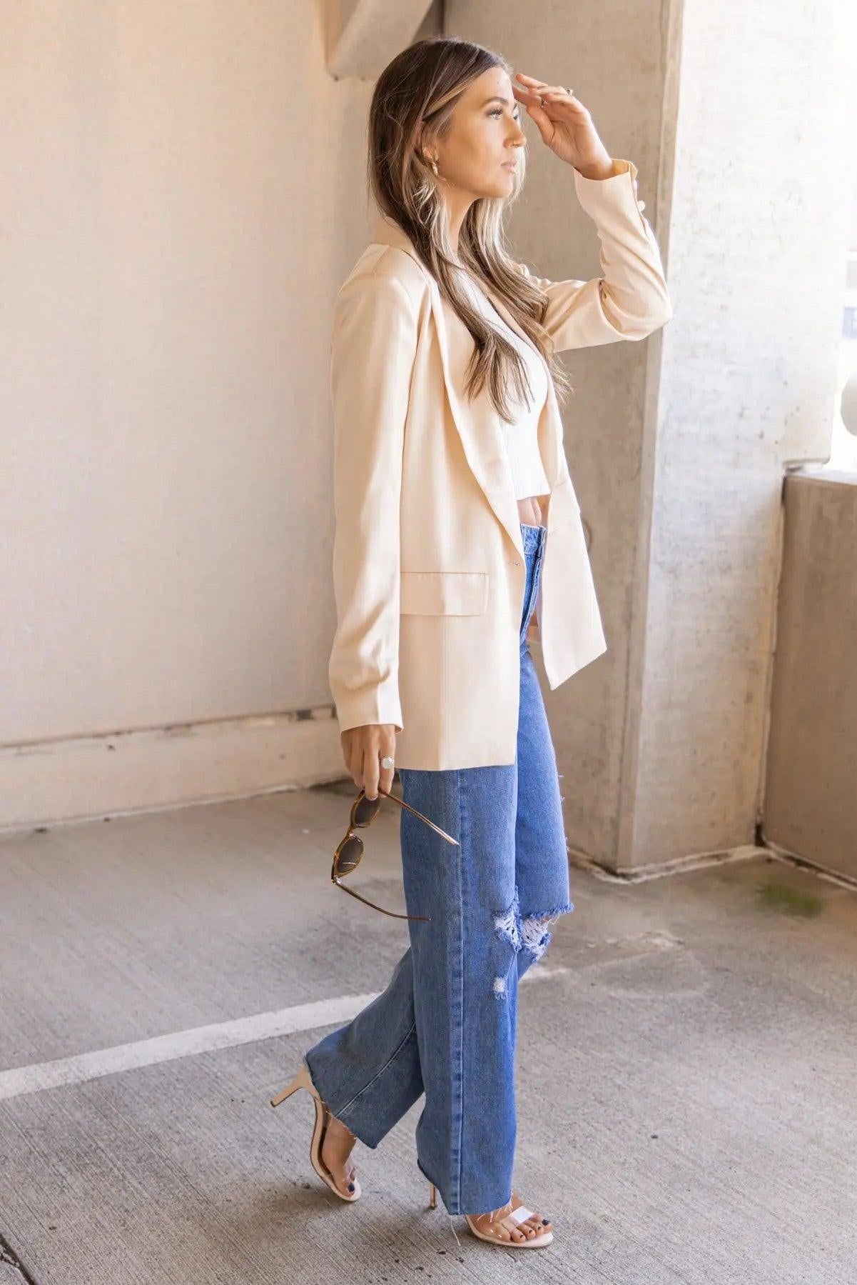 Satin Swagger Light Peach Boyfriend Blazer - FINAL SALE - JO+CO