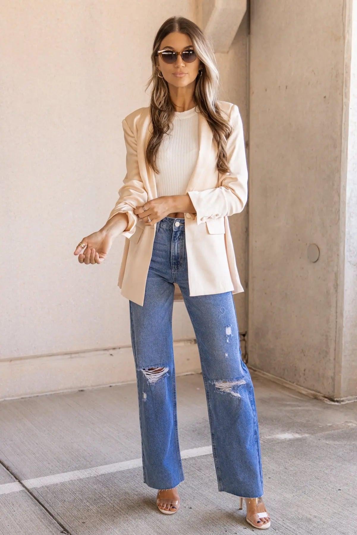 Satin Swagger Light Peach Boyfriend Blazer - FINAL SALE - JO+CO