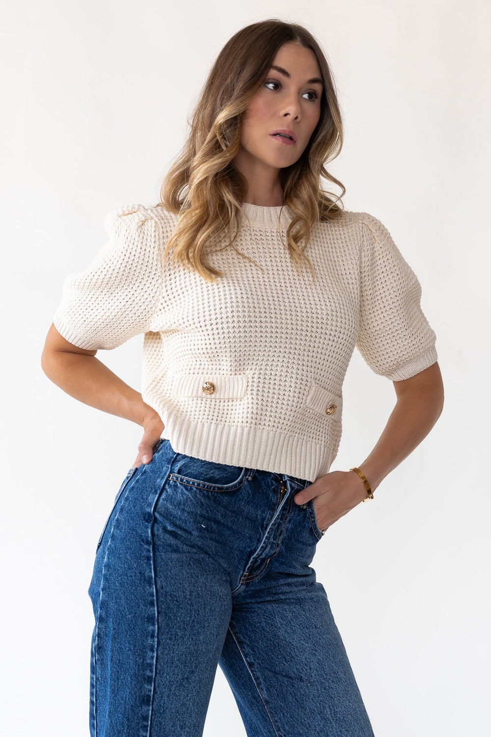 Simone Cream Waffle Knit Sweater - Final Sale - JO+CO