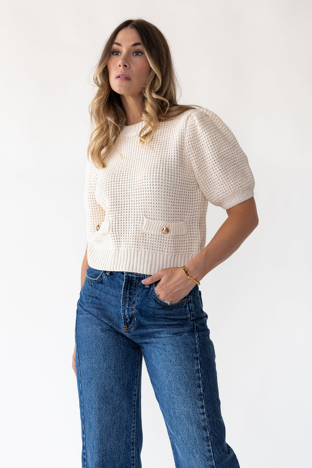 Simone Cream Waffle Knit Sweater - Final Sale - JO+CO
