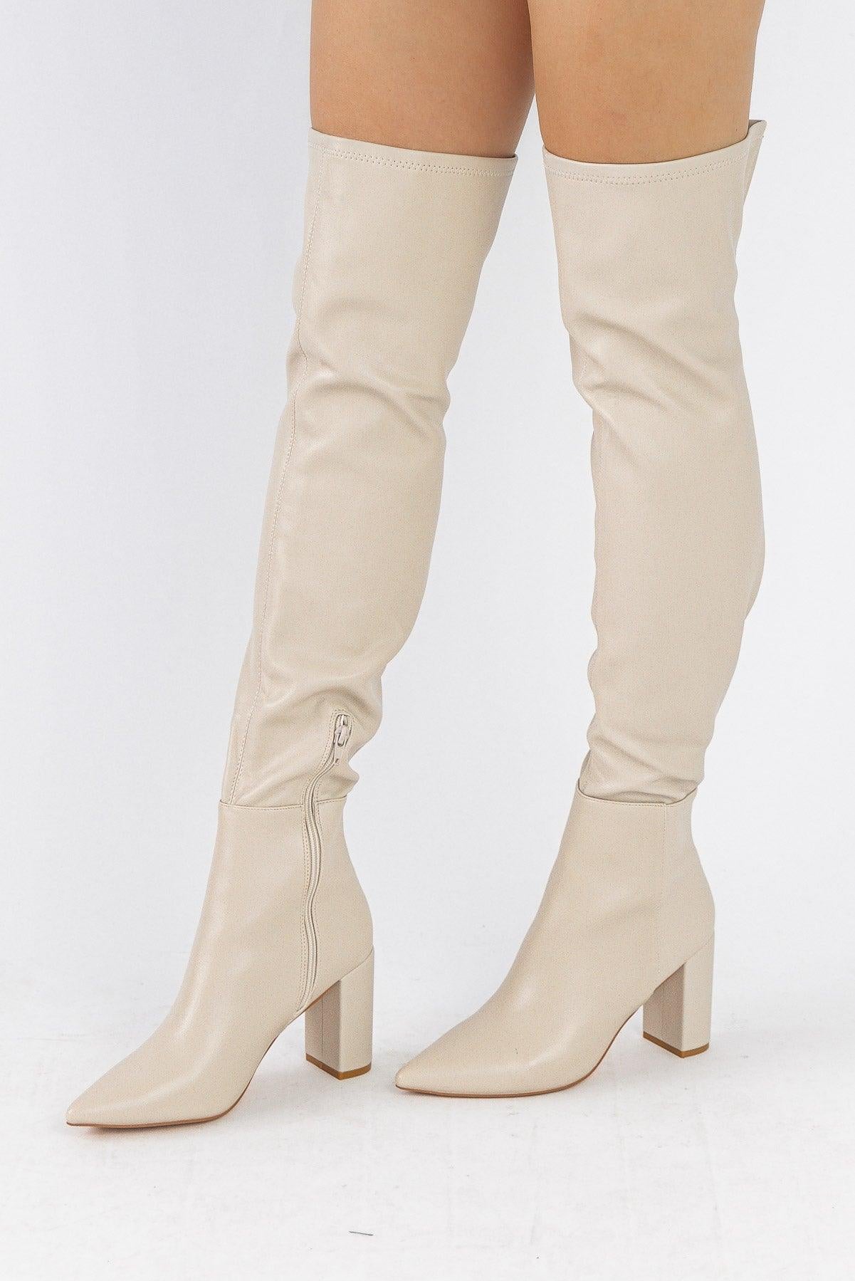 Strut On Through Faux Thigh High Boots - Cream - JO+CO