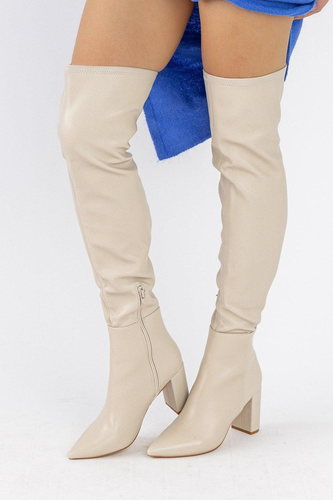 Strut On Through Faux Thigh High Boots - Cream - JO+CO