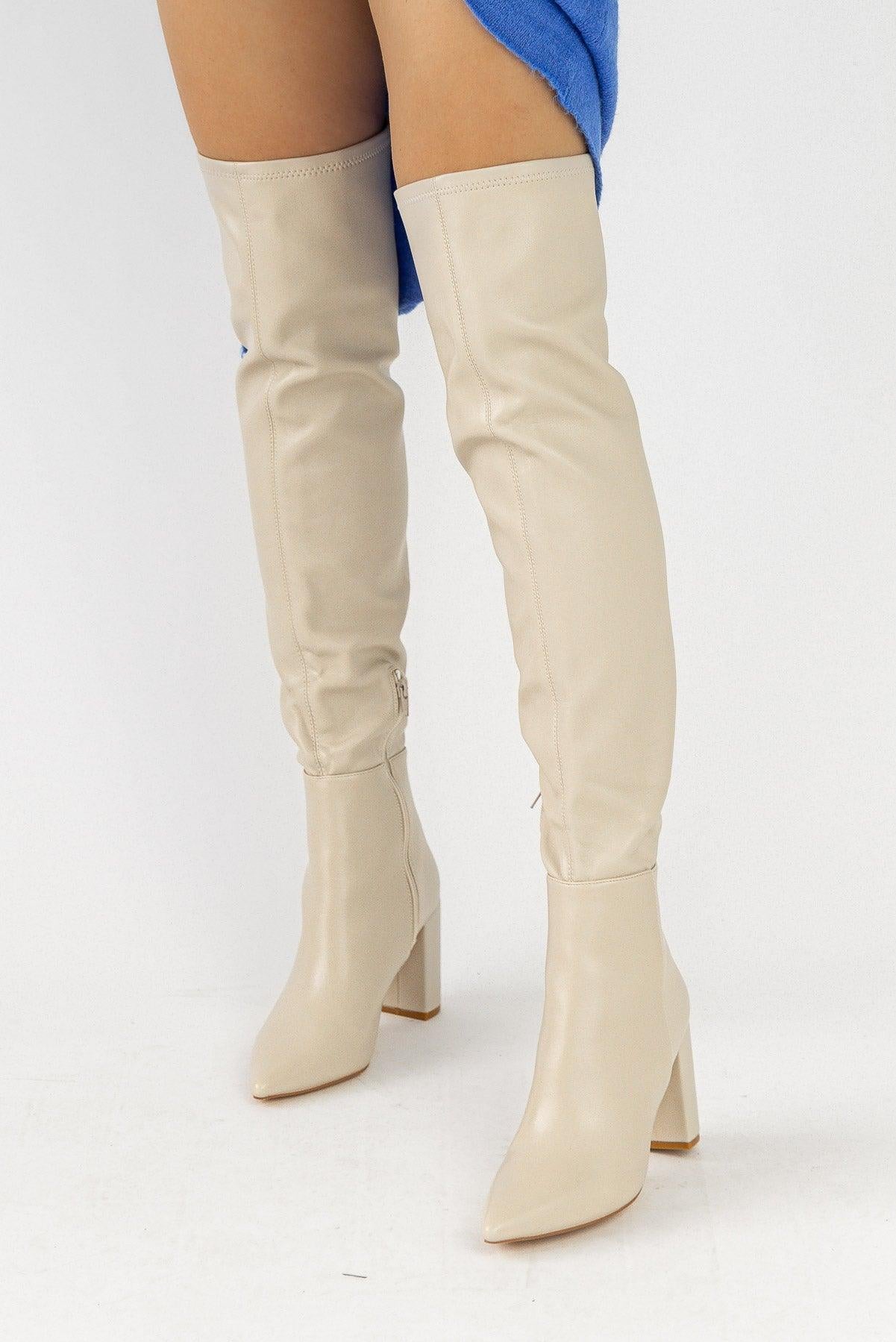 Strut On Through Faux Thigh High Boots - Cream - JO+CO