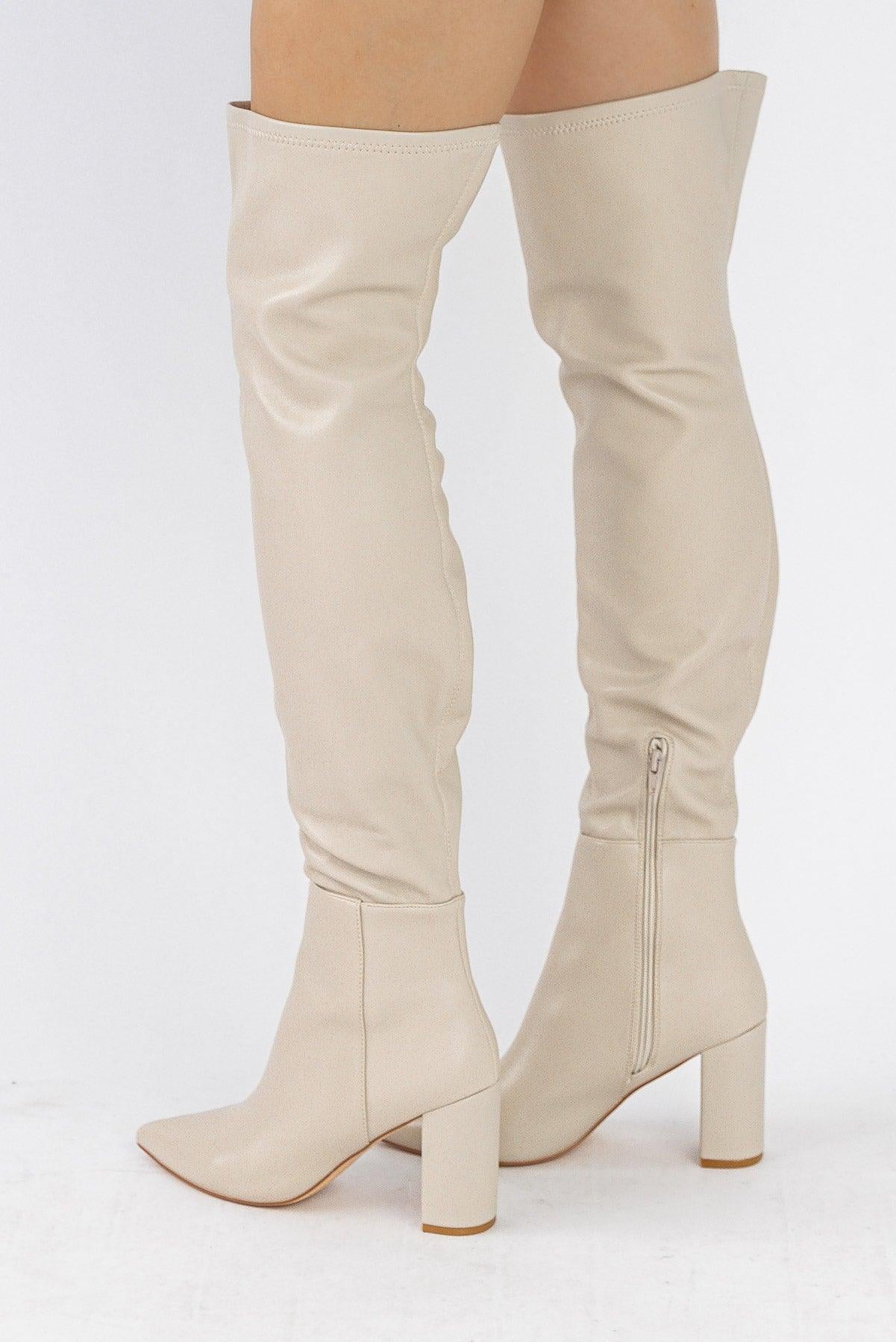 Strut On Through Faux Thigh High Boots - Cream - JO+CO