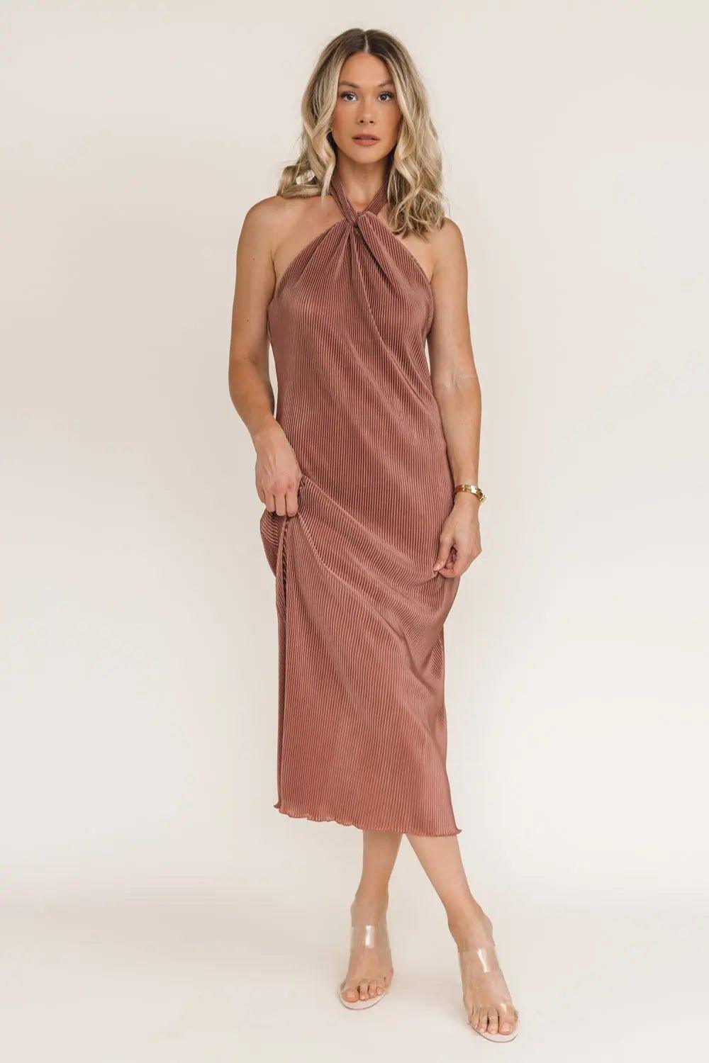 Sunset Secret Bronze Halter Midi Dress - JO+CO