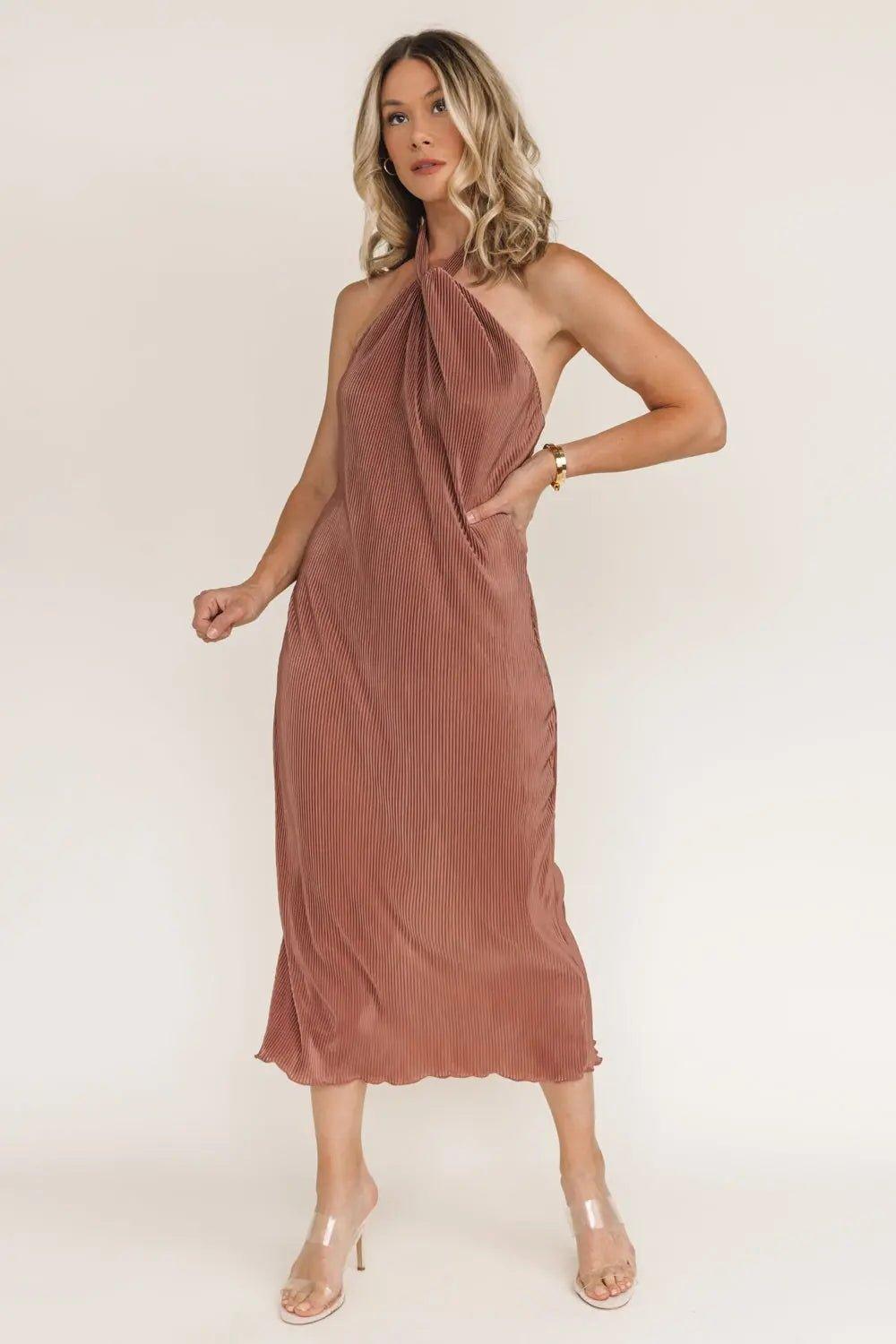 Sunset Secret Bronze Halter Midi Dress - JO+CO