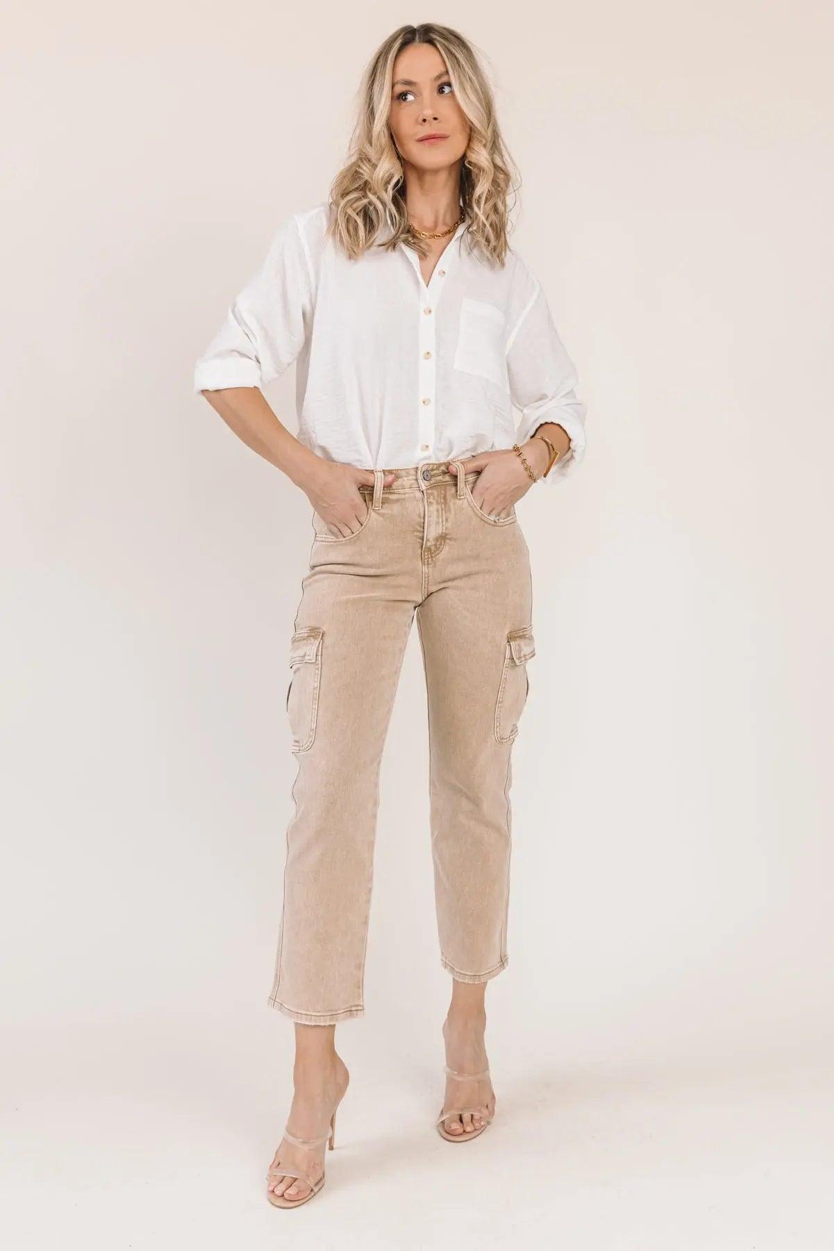 Dixie Khaki Mid-Rise Cargo Denim - JO+CO