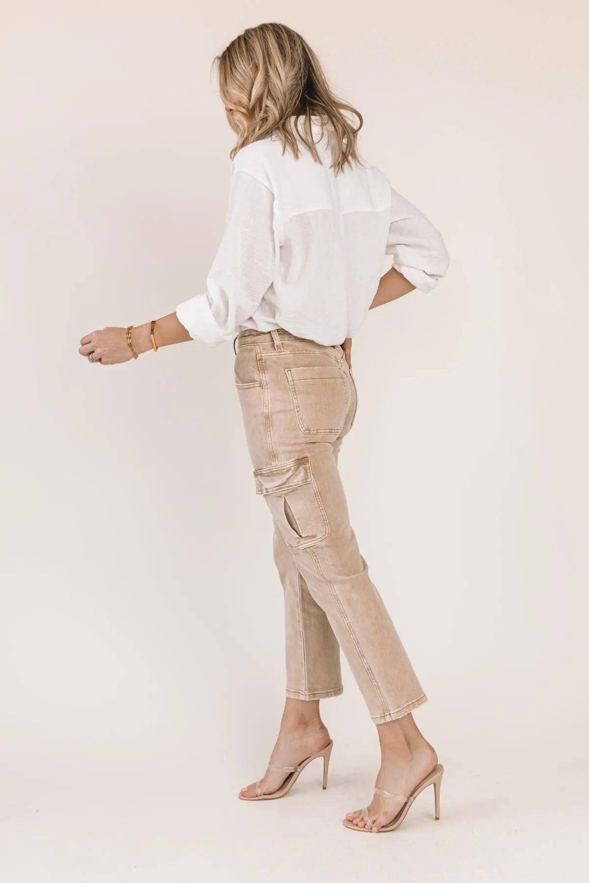 Dixie Khaki Mid-Rise Cargo Denim - JO+CO