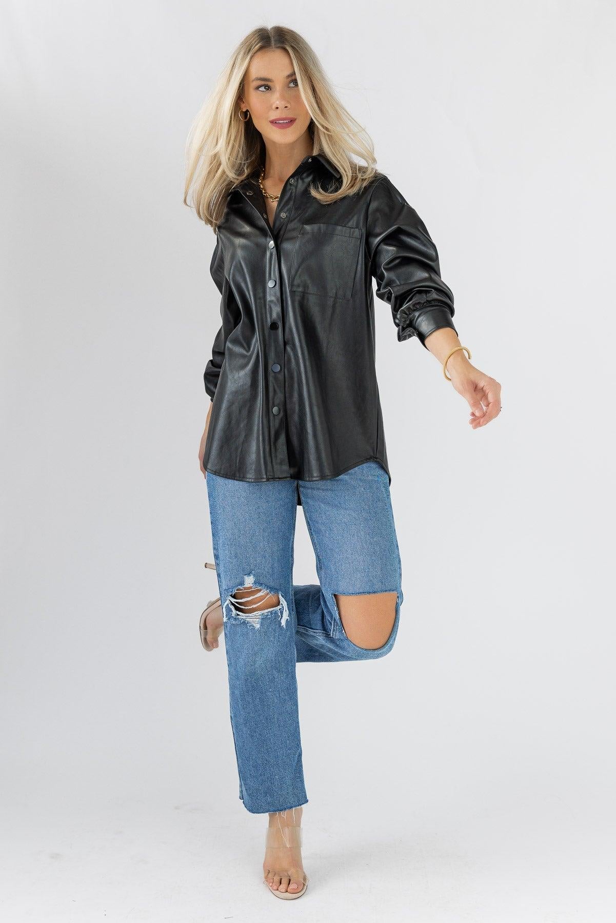 Faux Real Faux Leather Top - Black - JO+CO