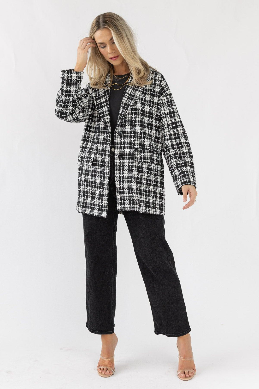 Whitney Plaid Tweed Blazer - Black/White - JO+CO