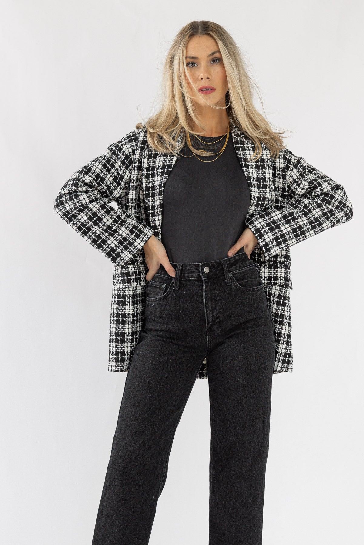 Whitney Plaid Tweed Blazer - Black/White - JO+CO